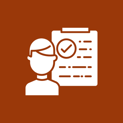 Icon of a person next to a clipboard with a checkmark, on a brown background.