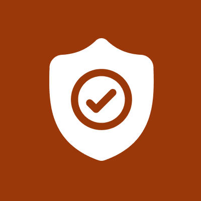 A white shield icon with a circle and checkmark in the center on a brown background.