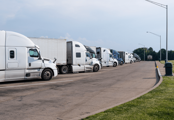 Several white semi-trucks are parked in a line at a rest area under a cloudy sky, with a grassy area and a trash can on the side.